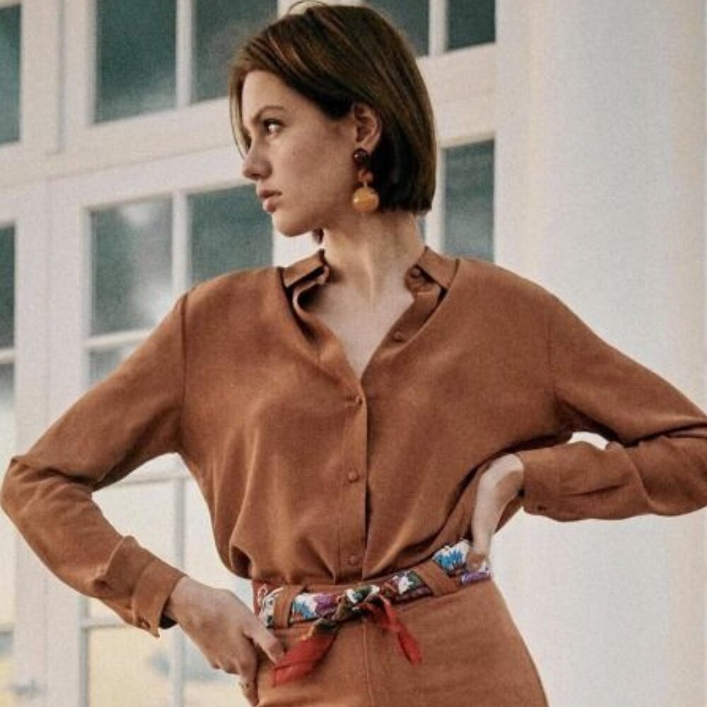 Sezane Ann shirt - caramel silk button down shirt